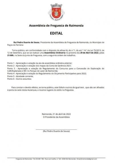 ASSEMBLEIA DE FREGUESIA ORDIN&Aacute;RIA 